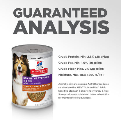 Hill's Science Diet Adult Sensitive Stomach & Skin Wet Dog Food, Turkey & Rice, 12.5 Oz. Cans, 12-Pack