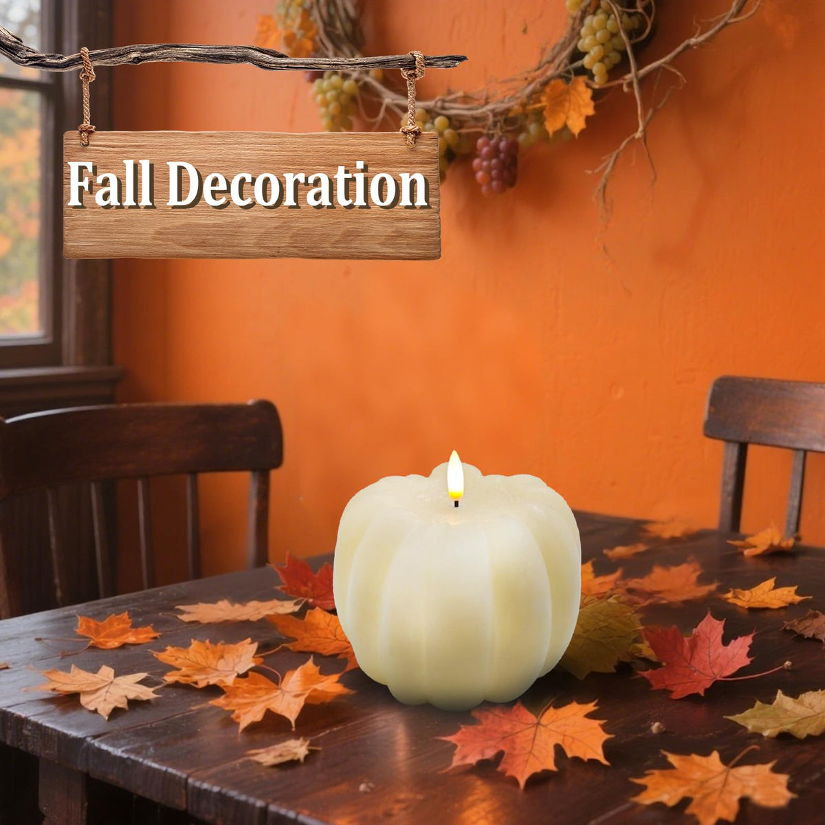Fall Decor, Fall Decorations for Home - Flameless Pumpkin Candle with Timer Remote - Room Bedroom Table Farmhouse Decor for Halloween, Thanksgiving, Orange+white