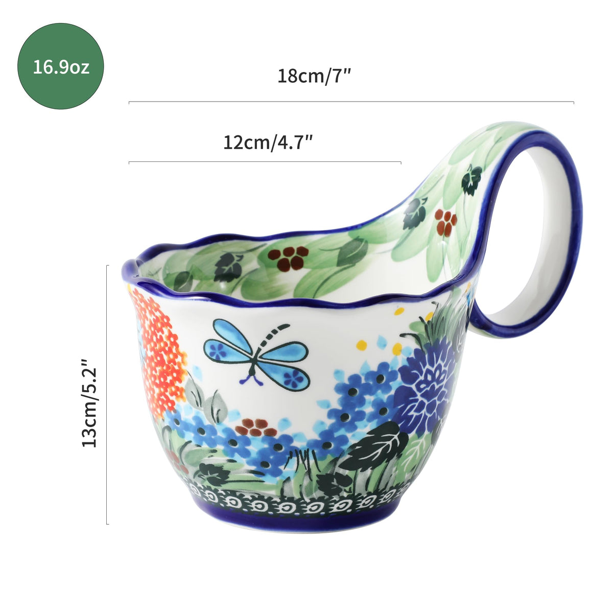 Alma Handpainted Microwavable Soup Bowl with Loop Handle 18.6Oz, Cereal Bowl with Handle