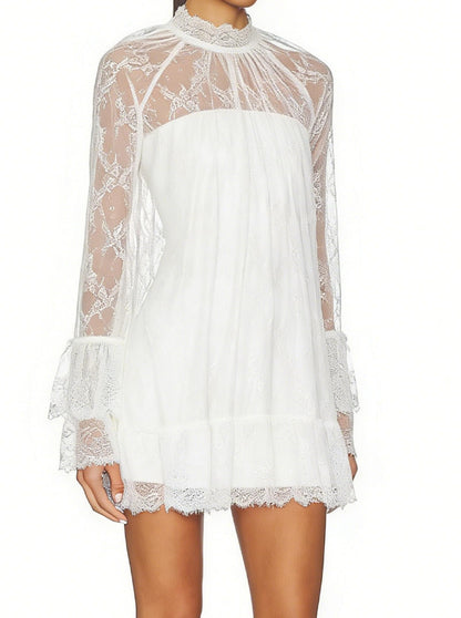 Women See Through Long Sleeve Lace Mini Dress Ruffle Layered Sheer Lace Short Dresses Sexy Going Out Cover Up Dresses