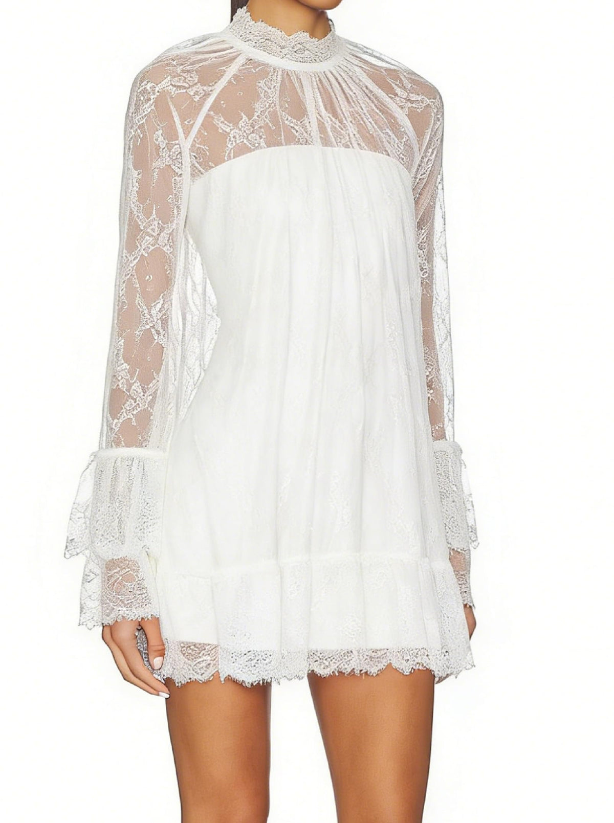 Women See Through Long Sleeve Lace Mini Dress Ruffle Layered Sheer Lace Short Dresses Sexy Going Out Cover Up Dresses