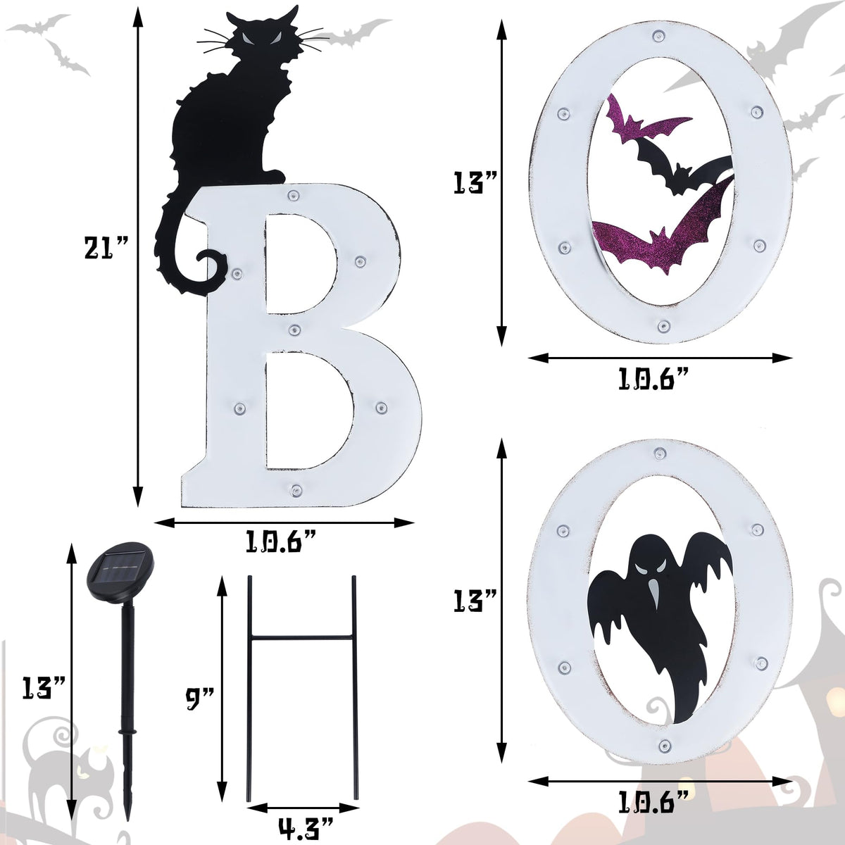 Prsildan 3 Pack Halloween Decorations Outdoor Solar Lighted Boo Yard Sign | Waterproof Metal Lawn Stakes, Solar-Powered, Bats, Cat & Ghost, for Front Yard, Porch, Garden, Spooky Halloween Party Decor