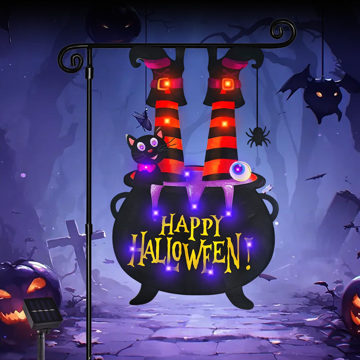 Halloween Lighted Garden Flag for Outside, LED Solar Yard Flag 8 Modes Witch Feet Shape Flag, 28x40 Double Sided Cauldron Eyeball Black Cat Decorations for Home Porch