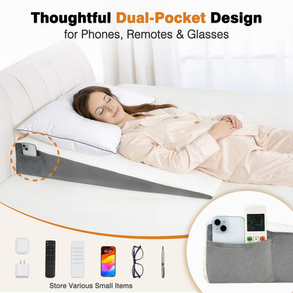 Vekkia King Bed Wedge Pillow for Headboard Gap, 0–6" Gap Filler with Side Pockets & Washable Cover, Gray 76"X10"x6"