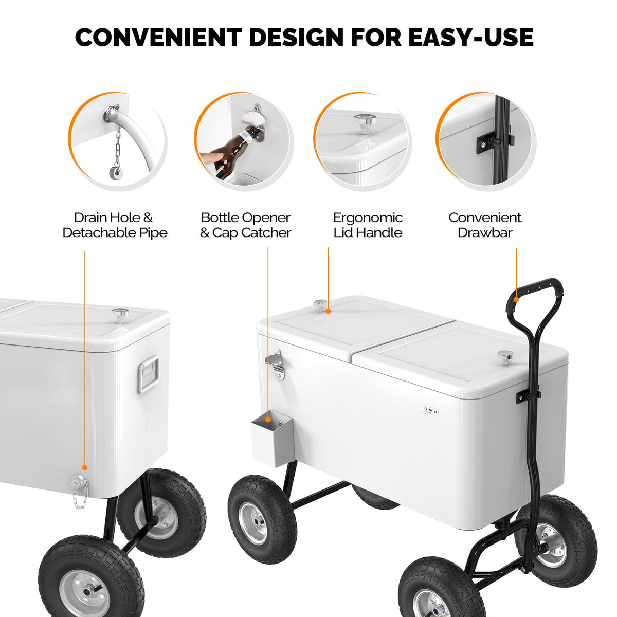 Vingli 80 Quart Wagon Rolling Cooler Ice Chest, W/Long Handle and 10" Wheels