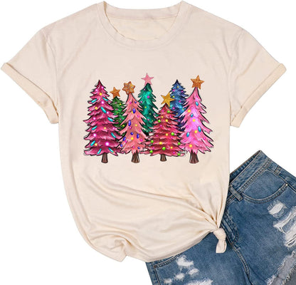 hcihgzr Christmas Shirts for Women Merry and Bright Christmas Shirt Xmas Tree Graphic Holiday T-Shirt Tops