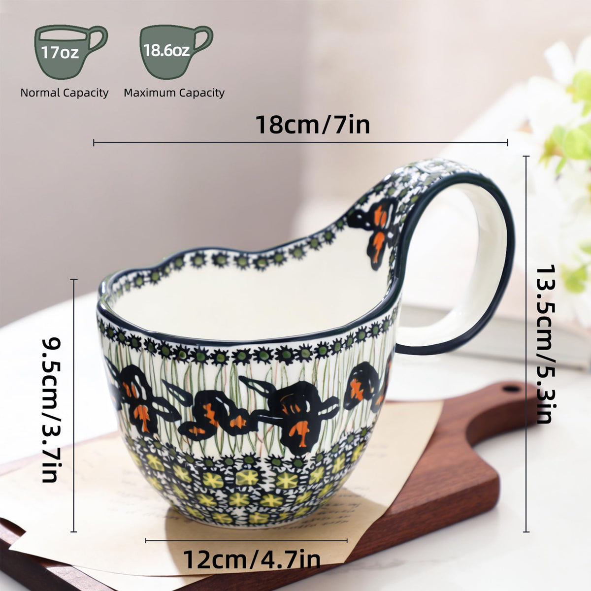 Alma Handpainted Microwavable Soup Bowl with Loop Handle 18.6Oz, Cereal Bowl with Handle