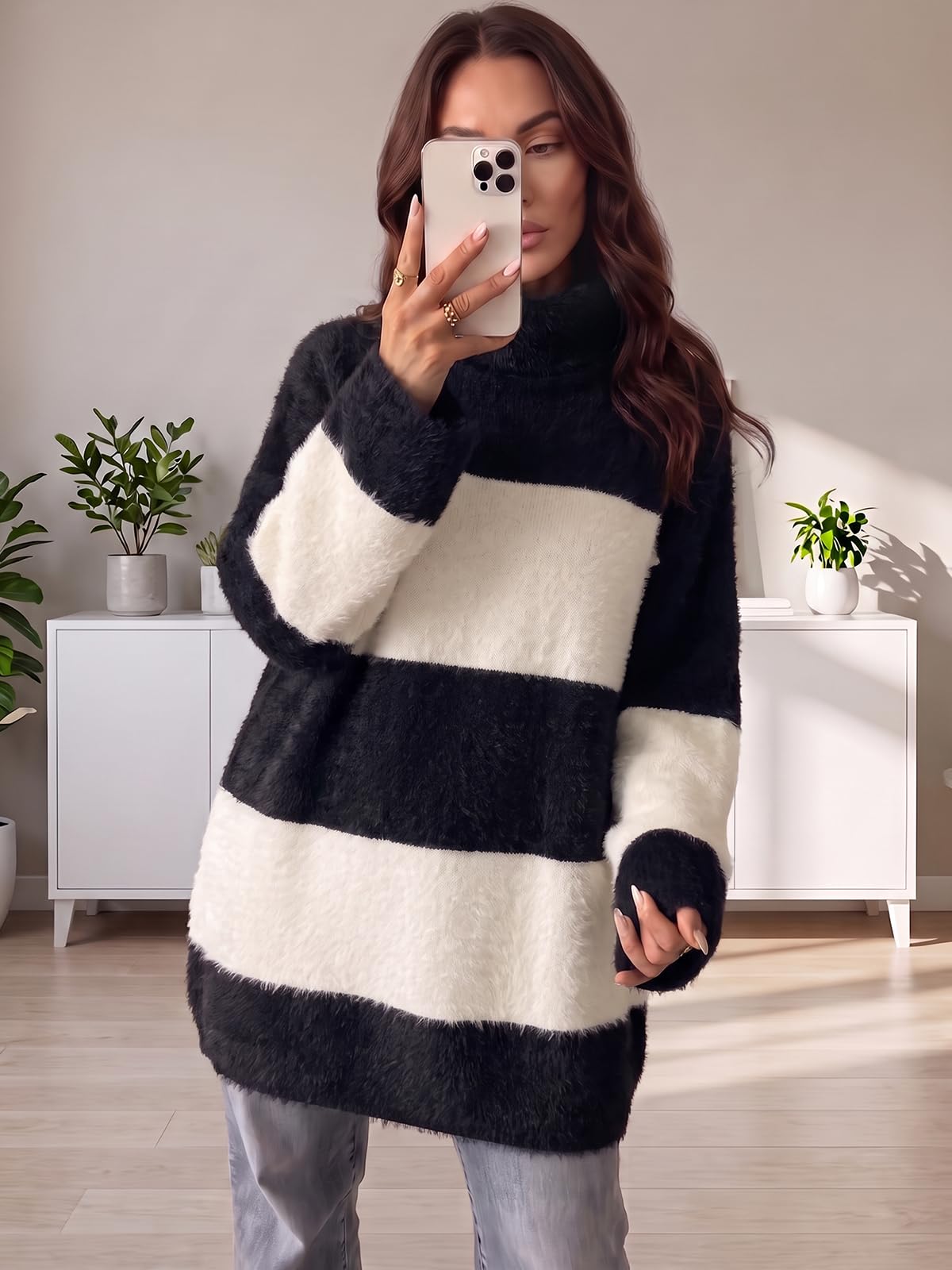 Wenrine Women Oversized Striped Sweater Dress Fall Long Sleeve Knit Dresses