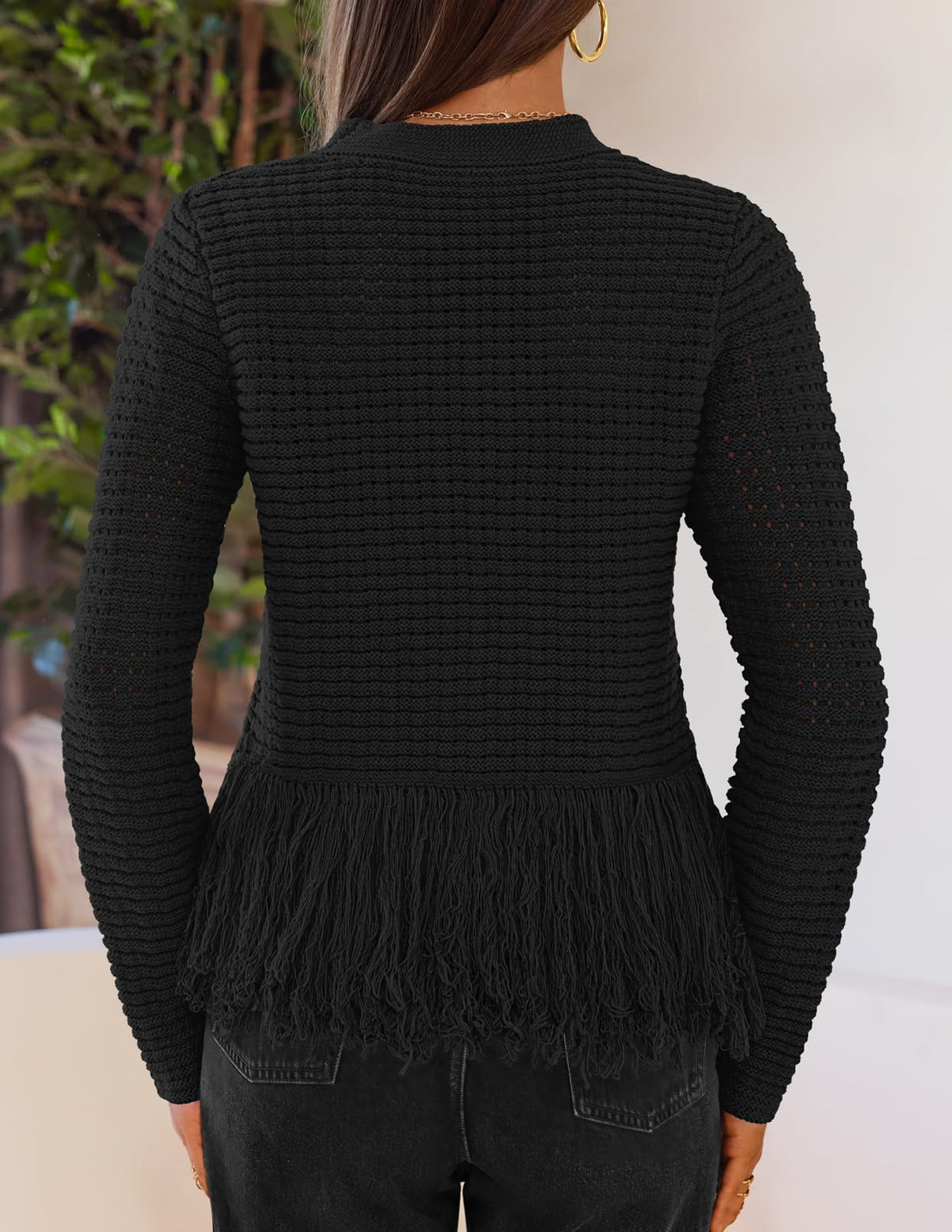 MEROKEETY Women's Fall Fashion Crochet Fringe Sweater Tops Boho Pullover