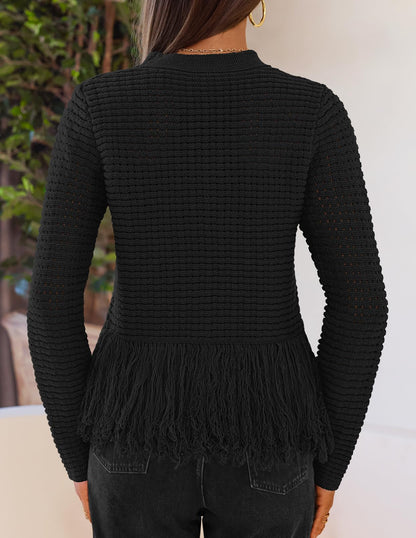 MEROKEETY Women's Fall Fashion Crochet Fringe Sweater Tops Boho Pullover