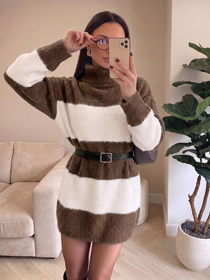Wenrine Women Oversized Striped Sweater Dress Fall Long Sleeve Knit Dresses