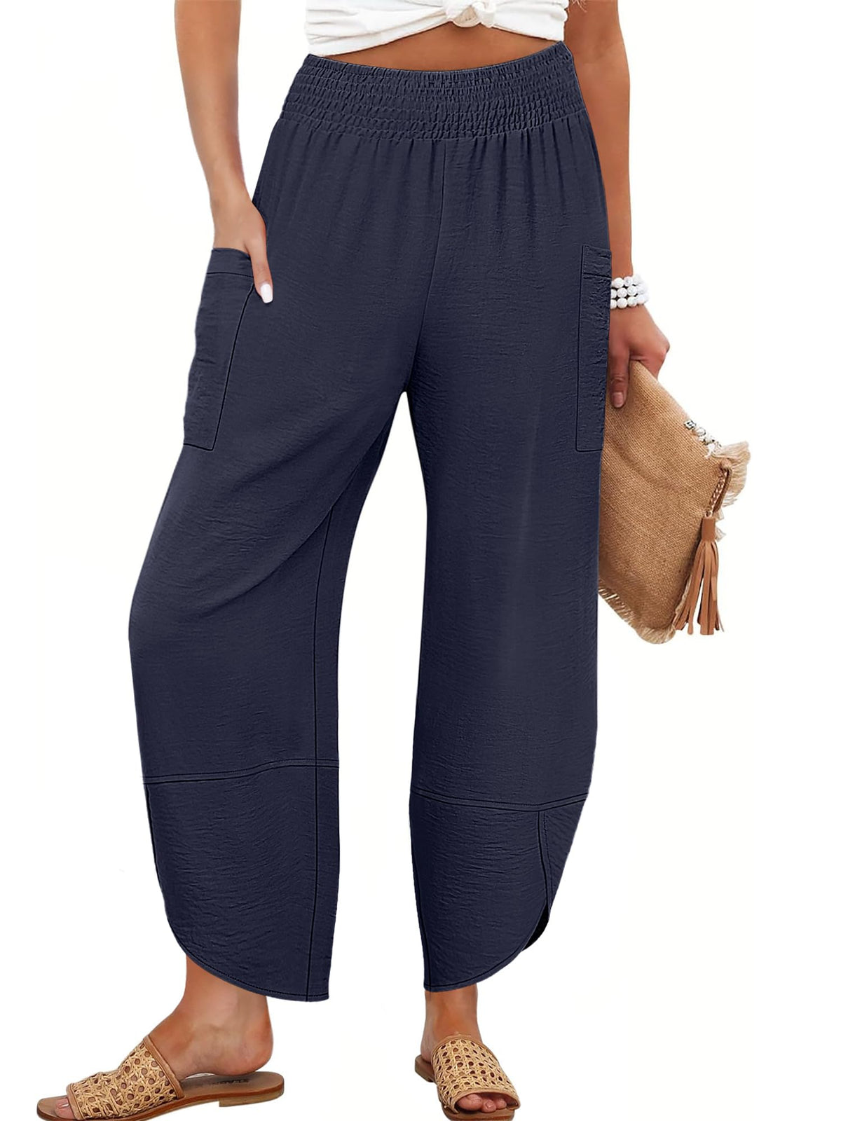 Anrabess Womens Wide Leg Palazzo Capri Pants Summer Casual High Waisted Barrel Lounge Flowy Cropped Beach Work Trousers