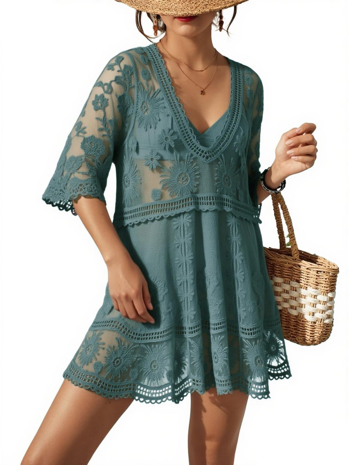 Eomenie Women's Contrast Lace Bathing Suit Cover Up V-Neck Swimsuit Coverups Loose Swimwear Beach Dress Beachwear