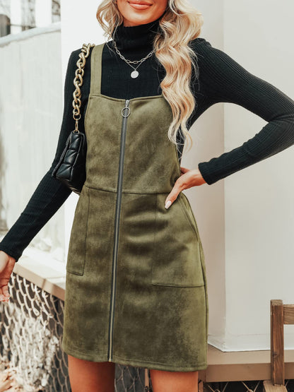 CUPSHE Faux Suede Mini Fall Dresses for Women Square Neck Pull Ring Zipper Front Pockets Wide Straps Casual Autumn Dress