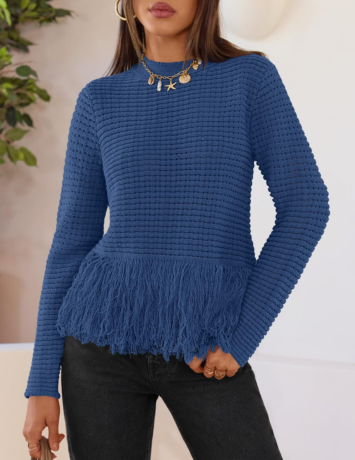MEROKEETY Women's Fall Fashion Crochet Fringe Sweater Tops Boho Pullover