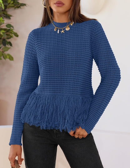 MEROKEETY Women's Fall Fashion Crochet Fringe Sweater Tops Boho Pullover