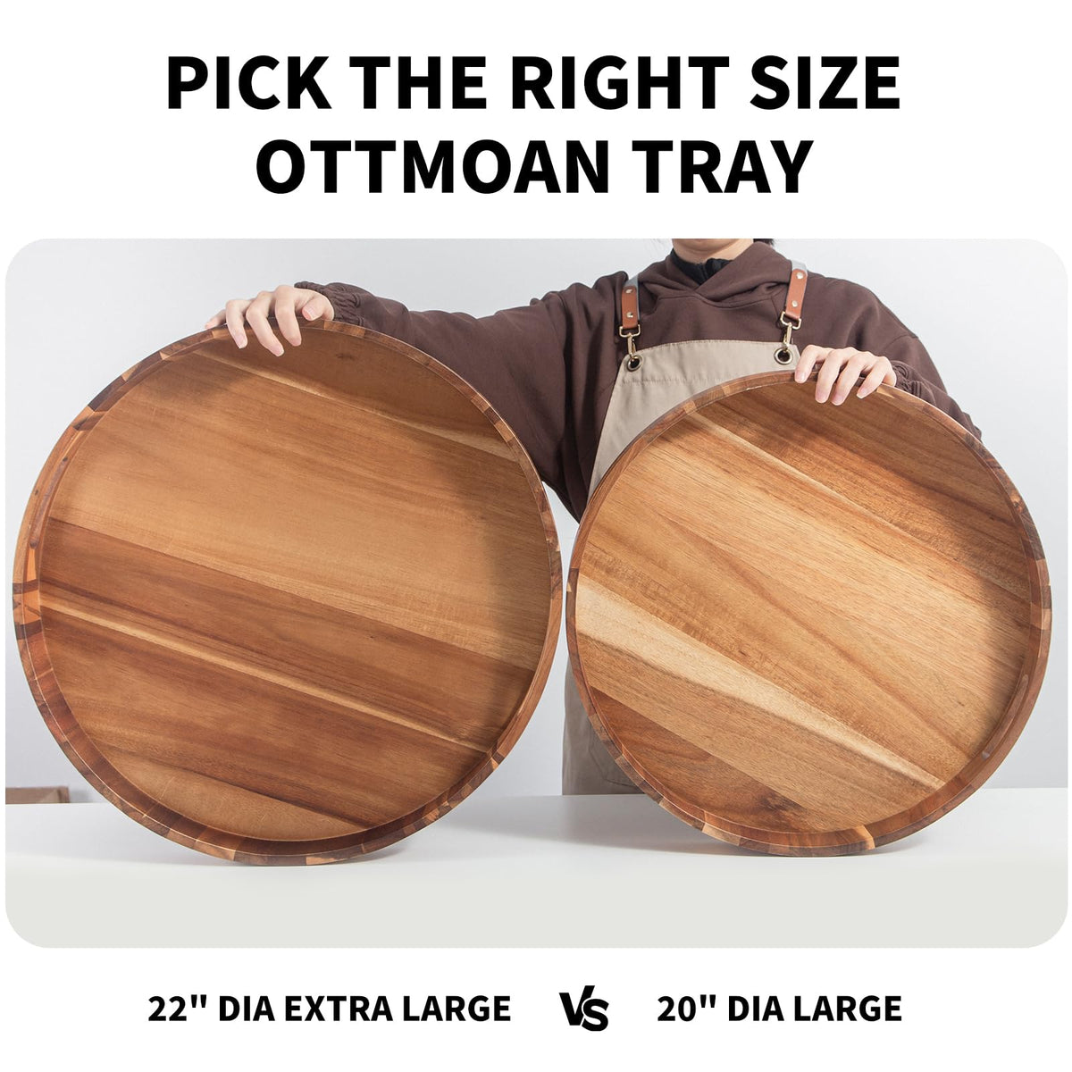 Extra Large 20INCH Premium Acacia Wood Tray Round Ottoman Tray with Handles