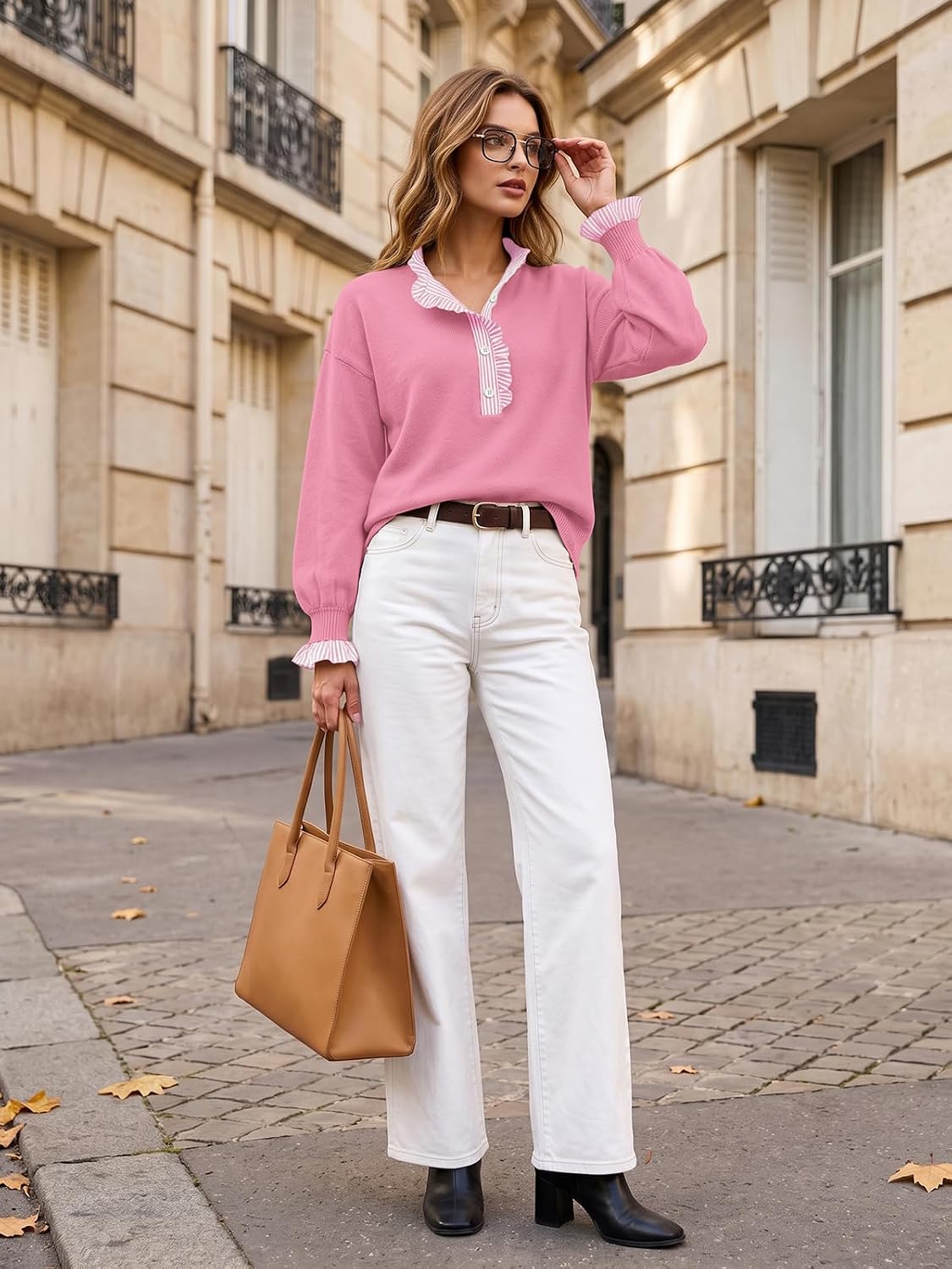 Ruffle Knit Collared Quarter Pullover