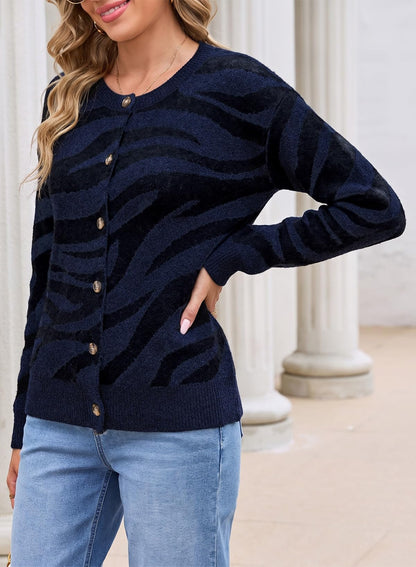 Sidefeel Women's Long Sleeve Crewneck Animal Print Cardigan Sweater