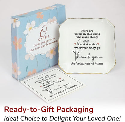 OASSIE Thank You Gifts for Women - Thank You Bundle, Emotional Support Crochet Tulip & 4"x4" Ceramic Jewelry Dish Tray - Teachers Day Birthday Retirement Nurse Appreciation Gifts for Women