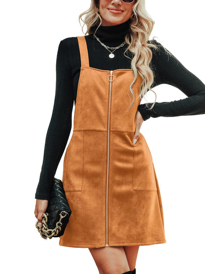 CUPSHE Faux Suede Mini Fall Dresses for Women Square Neck Pull Ring Zipper Front Pockets Wide Straps Casual Autumn Dress