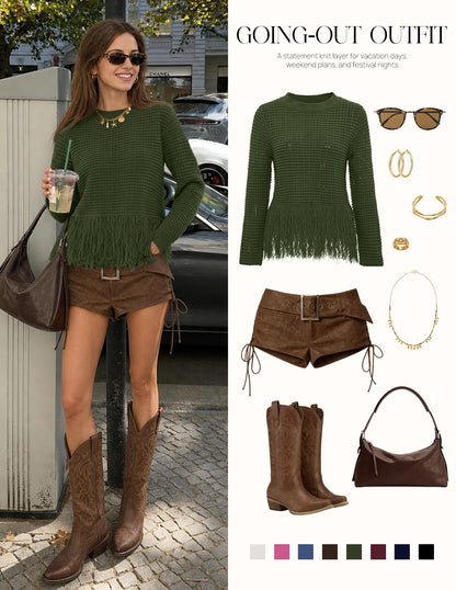 MEROKEETY Women's Fall Fashion Crochet Fringe Sweater Tops Boho Pullover