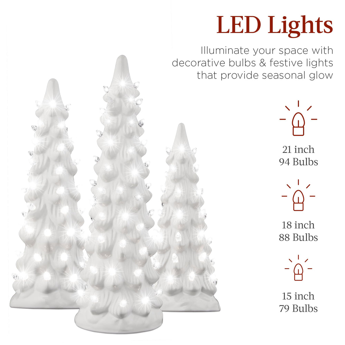Best Choice Products Set of 3 Ceramic Christmas Trees, Pre-Lit Hand-Painted Tabletop Holiday Decoration W/Multicolor Bulbs, LED Lights – Green