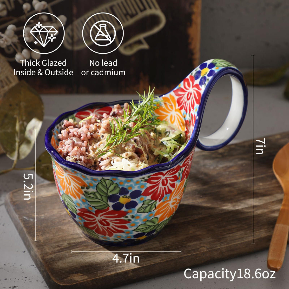 Alma Handpainted Microwavable Soup Bowl with Loop Handle 18.6Oz, Cereal Bowl with Handle