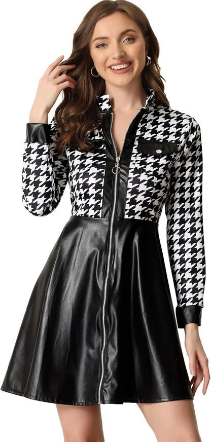 Allegra K Women's PU Faux Leather Houndstooth Patchwork Zipper Up Club Party A-Line Dress