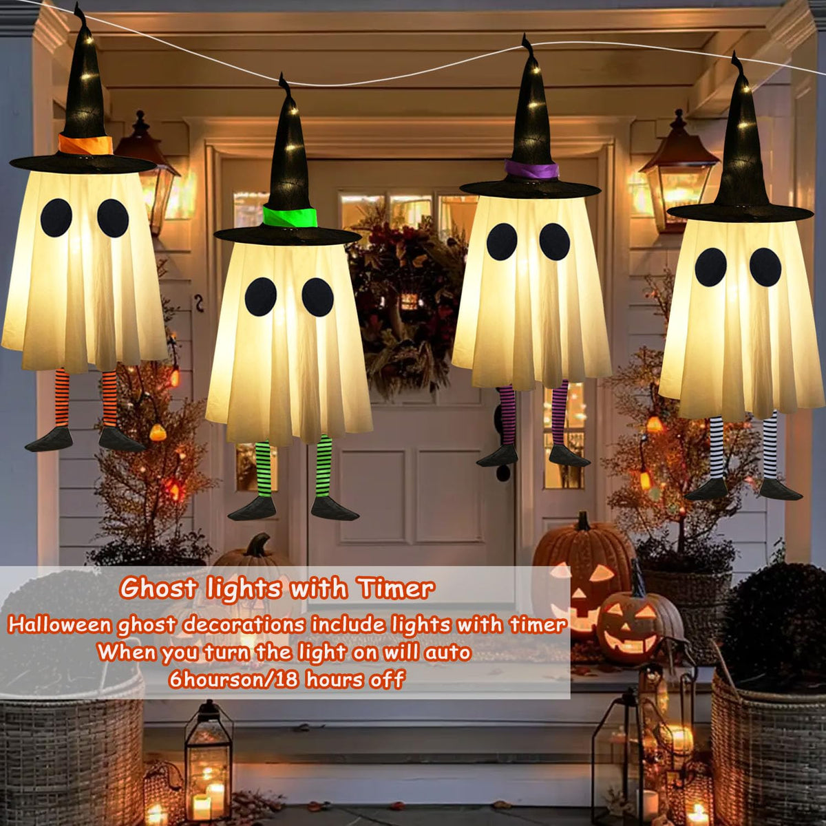 Set of 4 Halloween Hanging Ghosts, Halloween Decorations Outdoor Hanging Ghosts with Witch Hat,glowing Ghost Witch Hat Lights, Light Up Ghost Decor for Yard Patio Garden Tree Outside(4 Ghost Lighted)