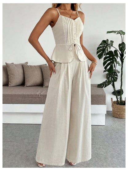SOLY HUX Women's 2 Piece Outfit Button Down Peplum Cami Wide Leg Pants Set