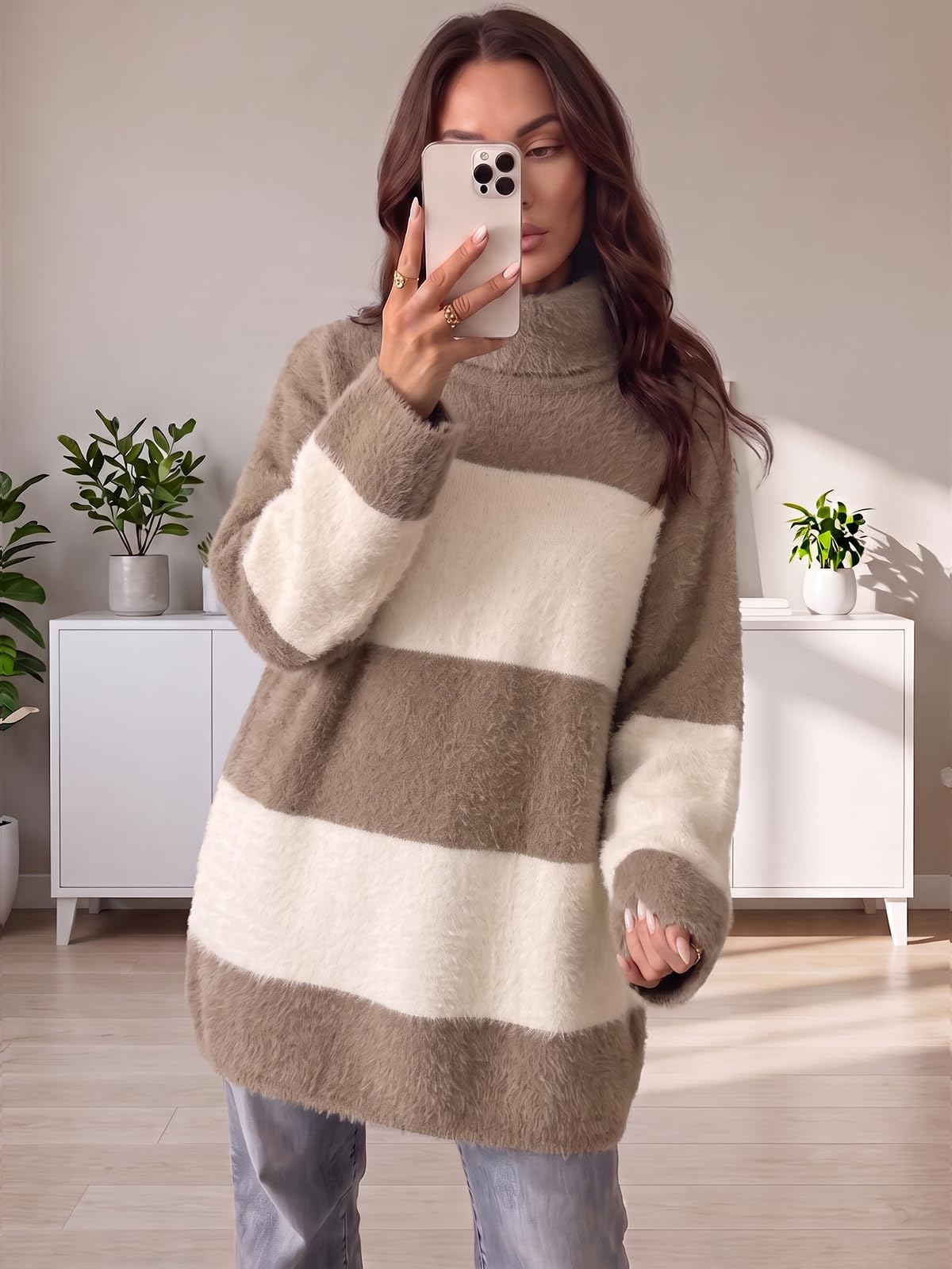 Wenrine Women Oversized Striped Sweater Dress Fall Long Sleeve Knit Dresses