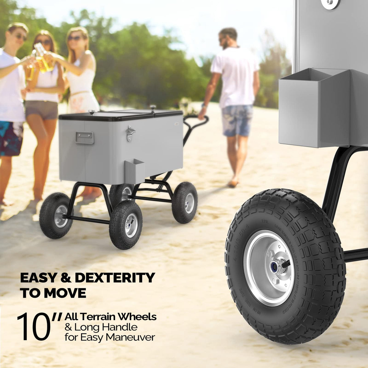 Vingli 80 Quart Wagon Rolling Cooler Ice Chest, W/Long Handle and 10" Wheels