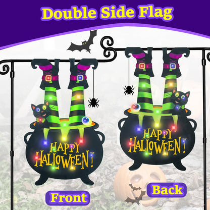 Halloween Lighted Garden Flag for Outside, LED Solar Yard Flag 8 Modes Witch Feet Shape Flag, 28x40 Double Sided Cauldron Eyeball Black Cat Decorations for Home Porch