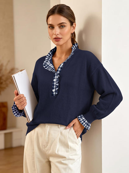 Ruffle Knit Collared Quarter Pullover