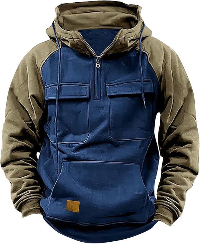Fall Winter Retro Cargo Hoodies Men's Half Zipper Solid Warm Fleece Sweatshirts Multi Pockets Male Hooded Jackets Thick Outdoor Hooded