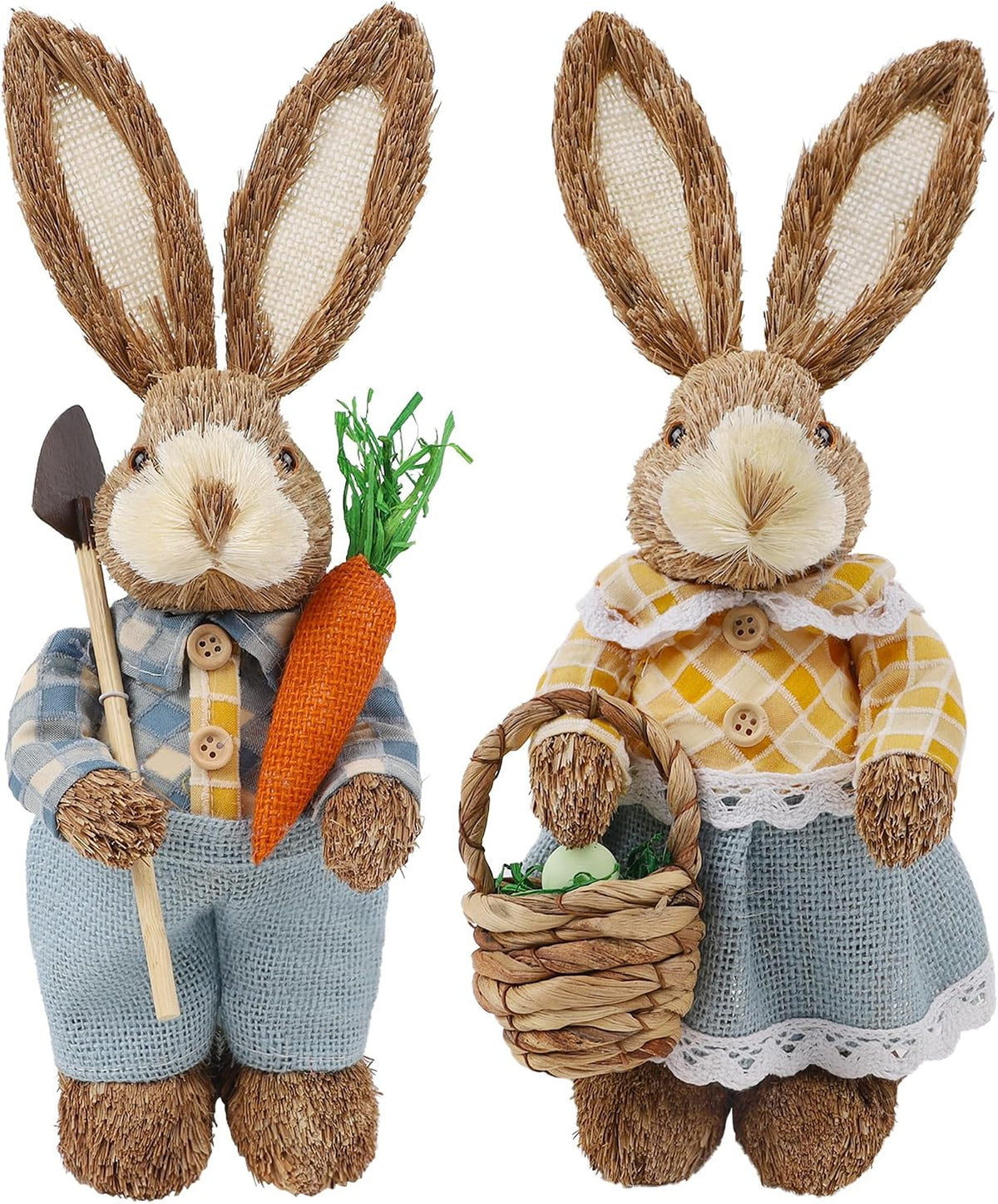 Dr.dudu Set of 2 Easter Decorations 13" Bunny Figurines Tabletop Spring Decor, Rustic Straw Bunny Couple with Carrot, Sisal Rabbit Statues Ornaments for Table Home Office Kitchen Farmhouse