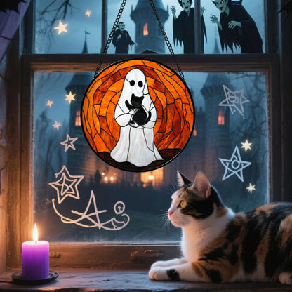 Stained Glass Window Hanging - Halloween Red White Scary Pumpkin Suncatcher for Doors Garden Home Spooky Rattan Sun Catchers Gothic Decor Horror Gifts for Women Men Friend Boy Girl 15 In