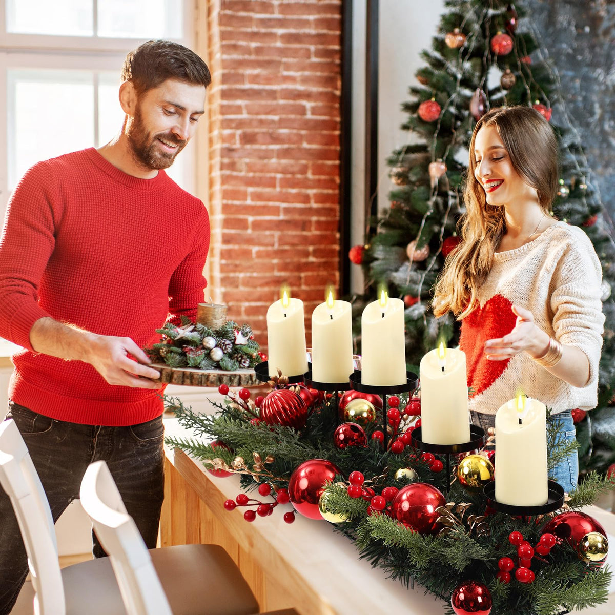 Funnymoom Christmas Tabletop Centerpiece 30 Inch Christmas Poinsettia Candle Holder with 5 Candle Artificial Table Decorations with Red Berries Gold Plants(red Ball)