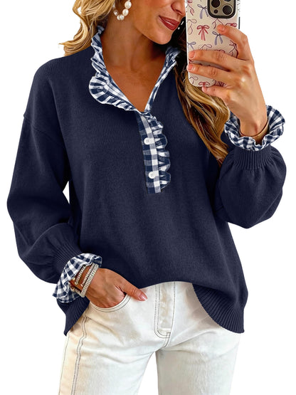 Ruffle Knit Collared Quarter Pullover