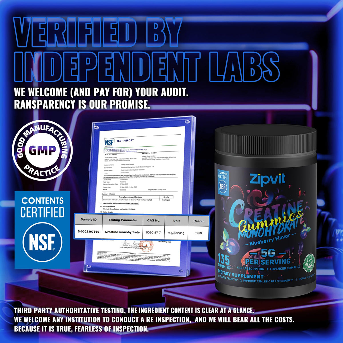 Creatine Monohydrate Gummies, Nsf Certified Creatine Gummy, 5g Dose for Men & Women to Support Muscle, Strength, Recovery, Cognitive Health & Memory, Pineapple Flavor, 135 Gummies