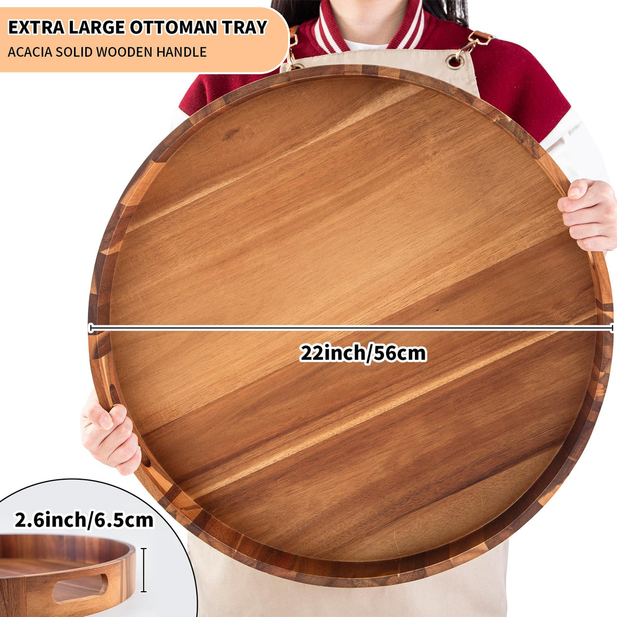 Extra Large 20INCH Premium Acacia Wood Tray Round Ottoman Tray with Handles