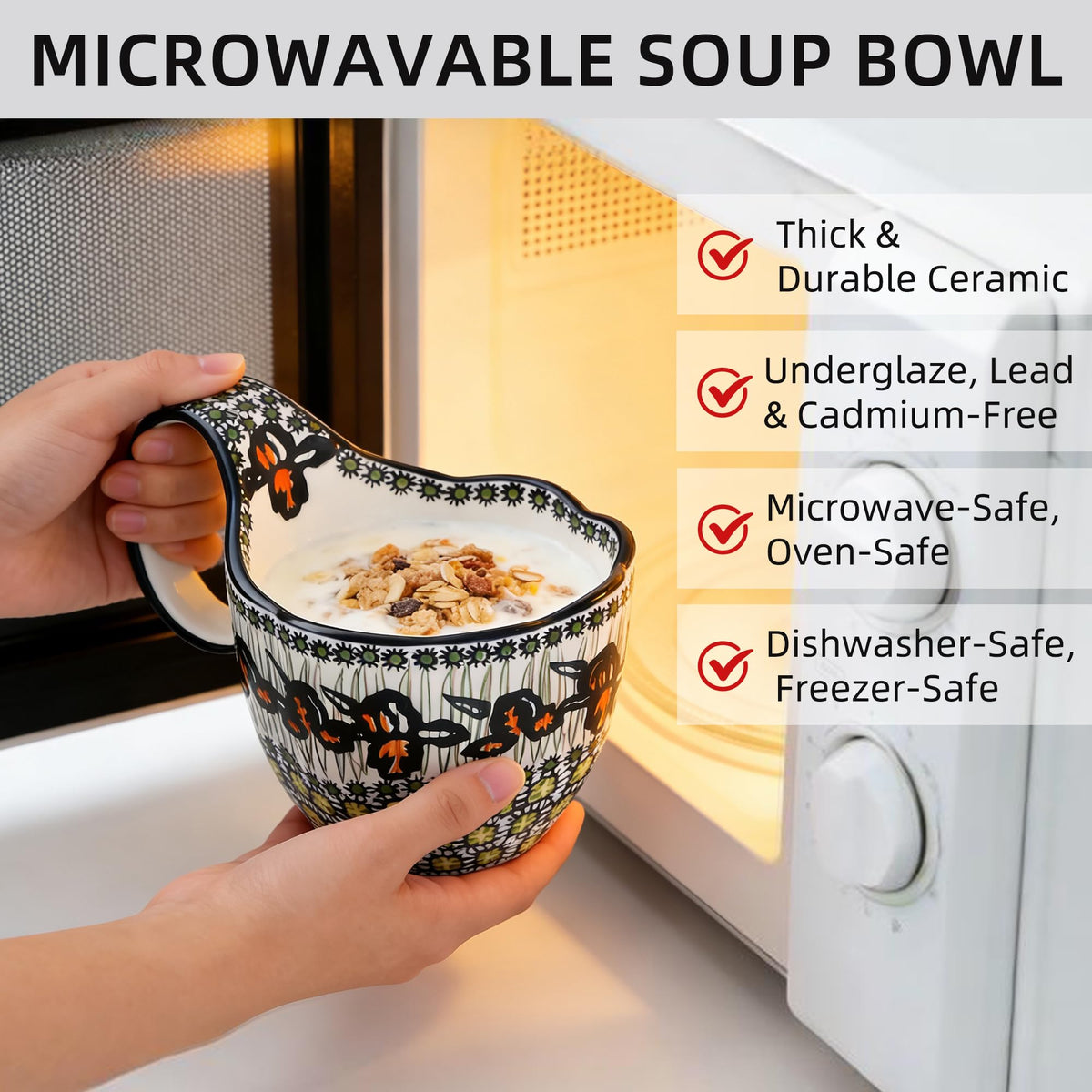 Alma Handpainted Microwavable Soup Bowl with Loop Handle 18.6Oz, Cereal Bowl with Handle