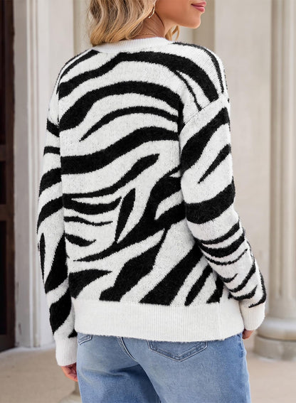 Sidefeel Women's Long Sleeve Crewneck Animal Print Cardigan Sweater