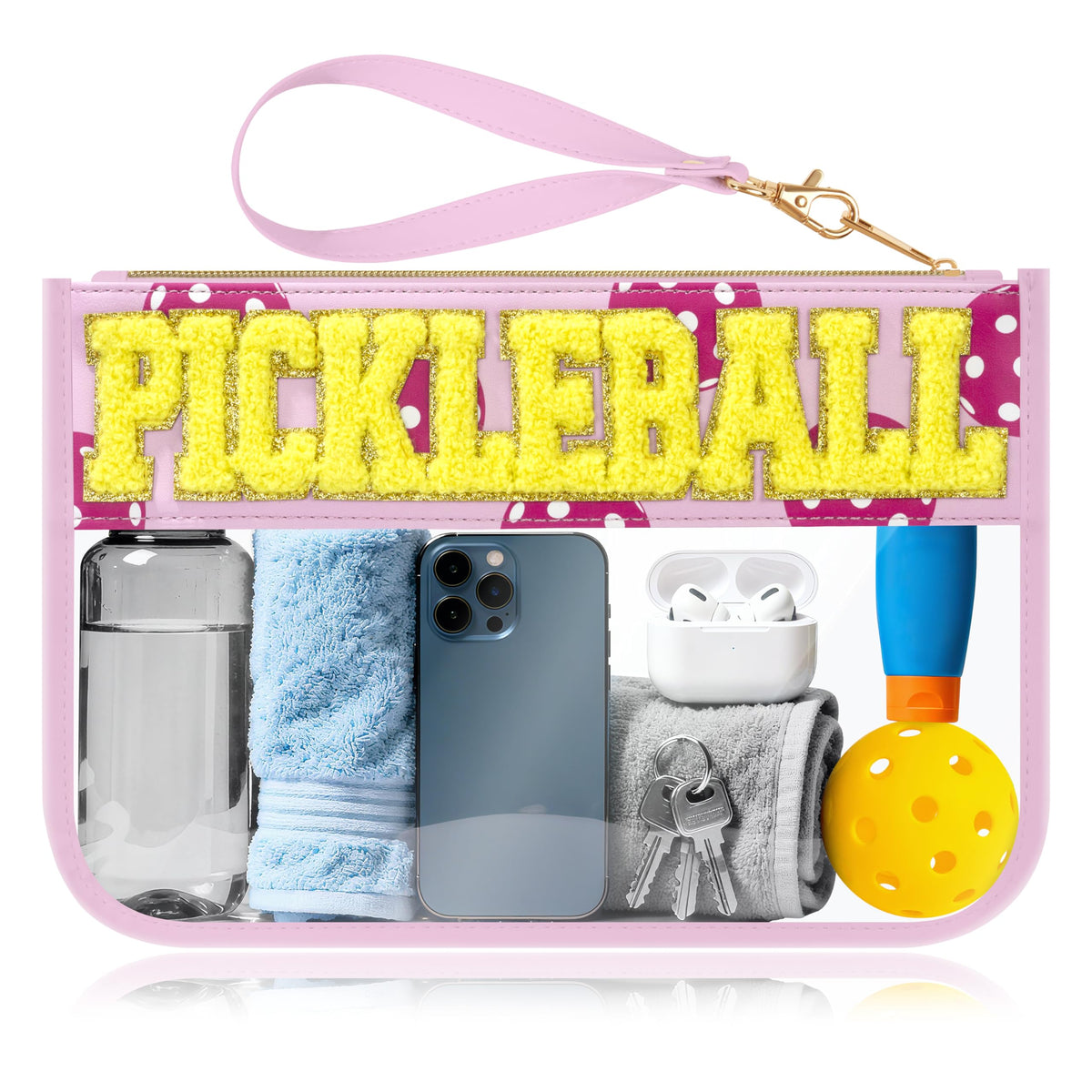 BuyCard Soccer Gift Makeup Bag with Chenille Letter Patch, Clear Cosmetic Pouch PVC Organizer Purse, Waterproof Travel Bag, Portable Toiletry Storage Bag for Her Friends