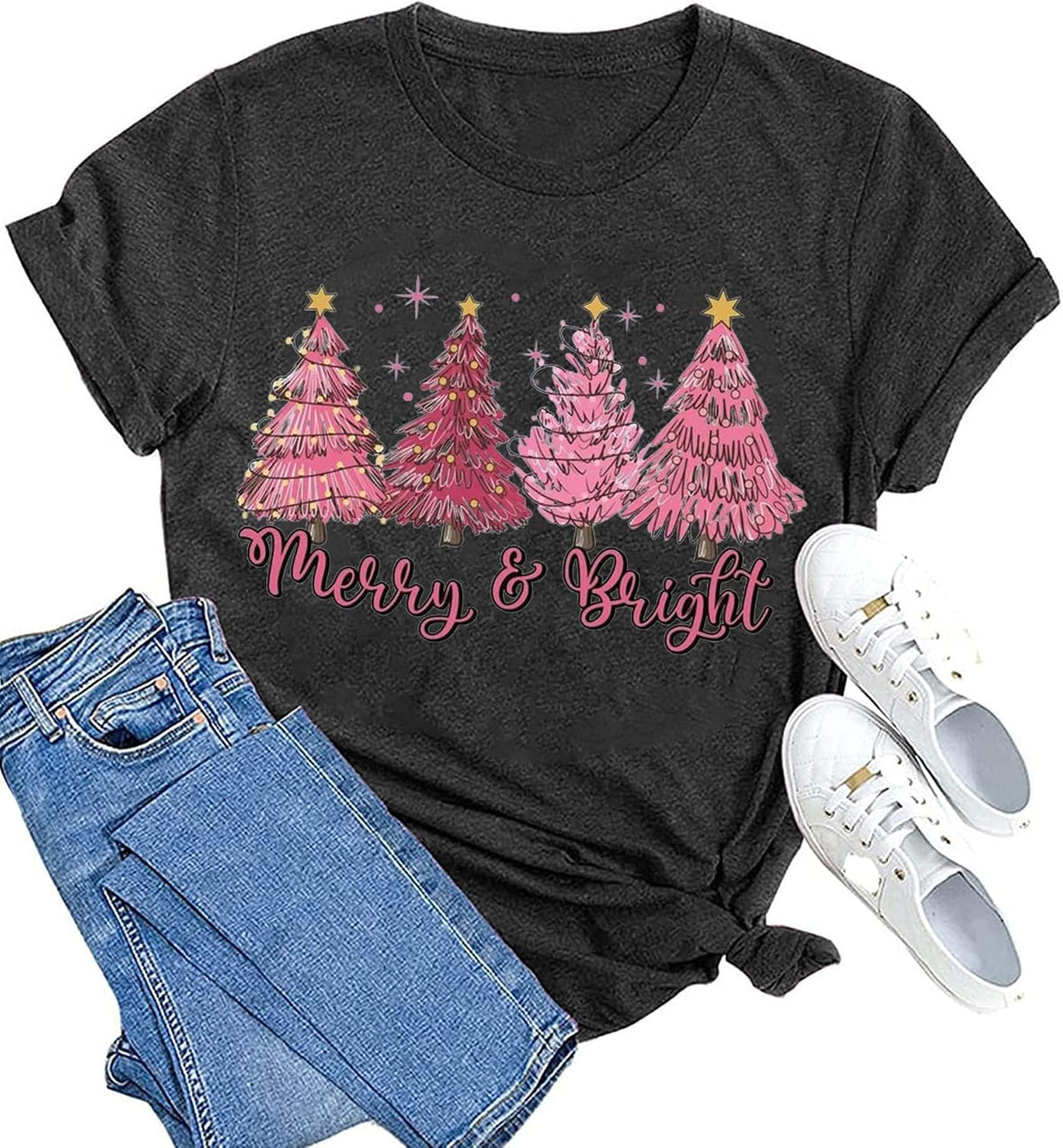 hcihgzr Christmas Shirts for Women Merry and Bright Christmas Shirt Xmas Tree Graphic Holiday T-Shirt Tops
