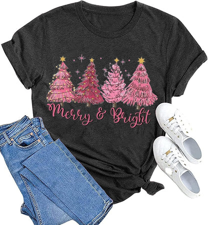 hcihgzr Christmas Shirts for Women Merry and Bright Christmas Shirt Xmas Tree Graphic Holiday T-Shirt Tops