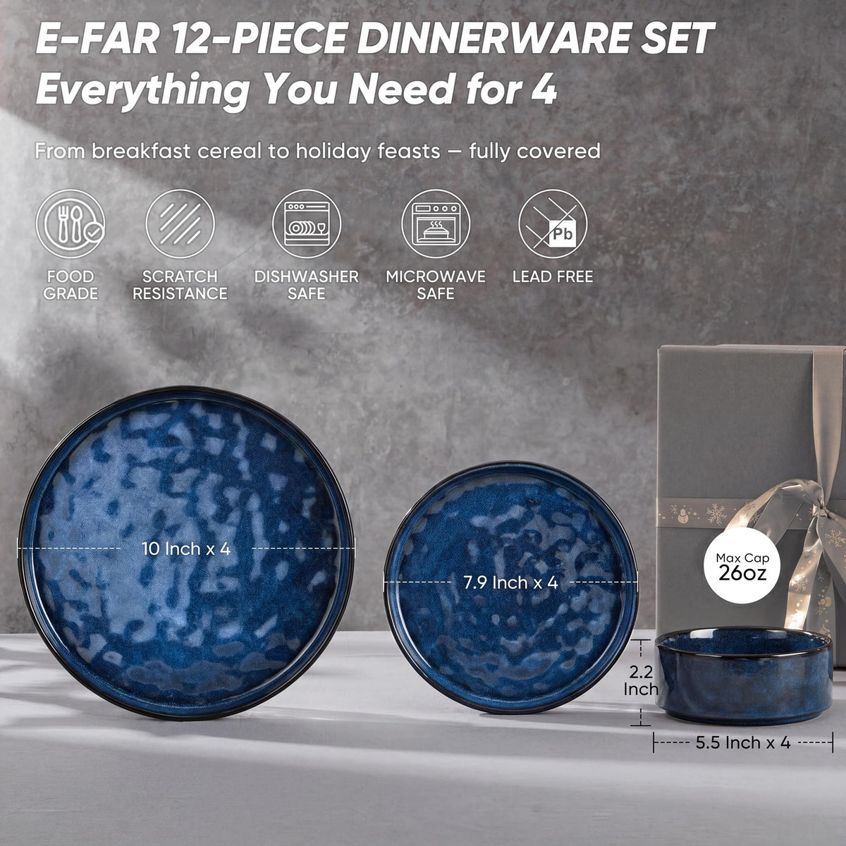 E-far Stoneware Dinnerware Set, 16-Piece Plates and Bowls Sets for 4