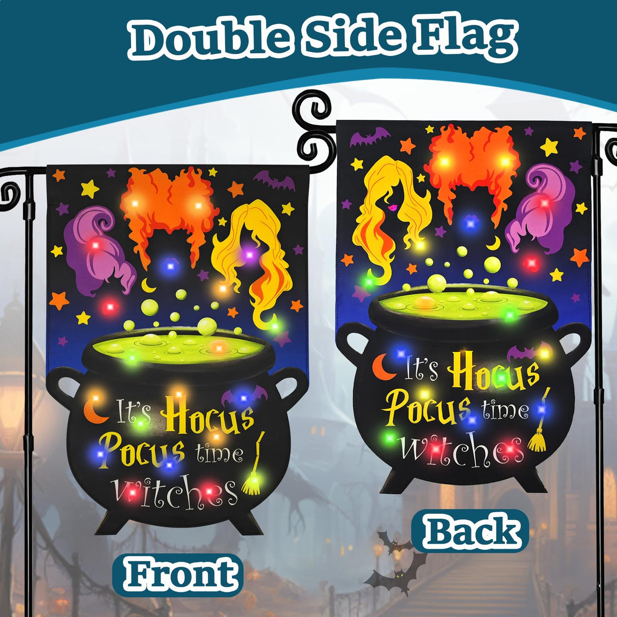 Halloween Lighted Garden Flag for Outside, LED Solar Yard Flag 8 Modes Witch Feet Shape Flag, 28x40 Double Sided Cauldron Eyeball Black Cat Decorations for Home Porch