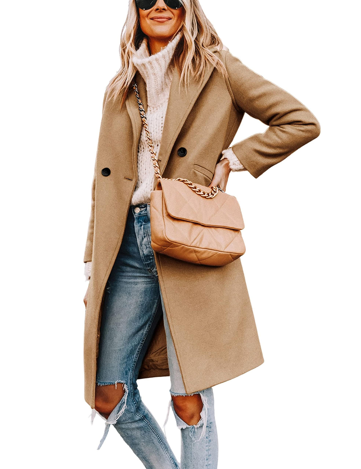Women's Wool Coat Notch Lapel Double-Breasted Peacoat
